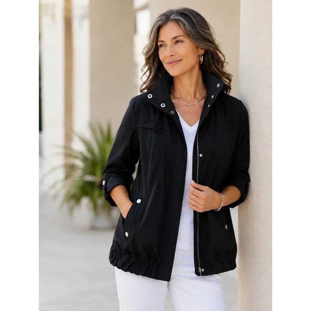 CHICO'S Black Luxe Twill Utility Field Jacket Gold Snaps Size 1 Or US 8 Black